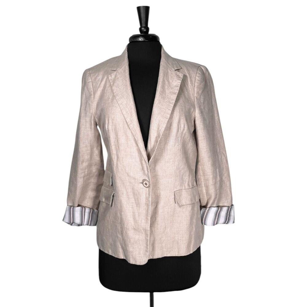 Zara Women's Blazer Beige Linen One Button Work Career Business Suit Jacket L